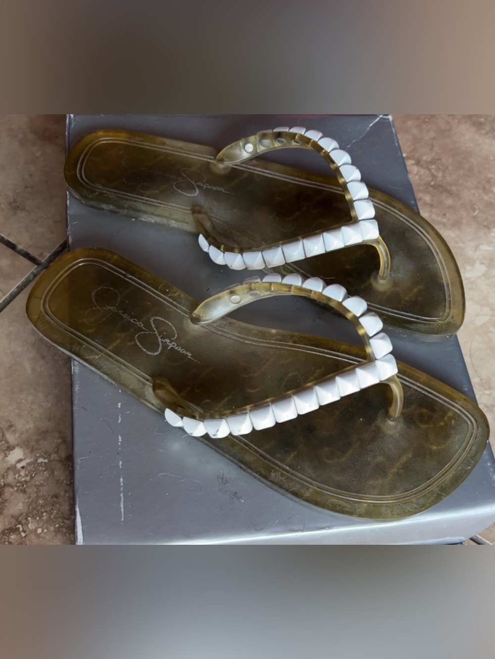 Jessica Simpson | White Clear Jelly Flip Flops  Bead Trim Sandals Shoes Women’s